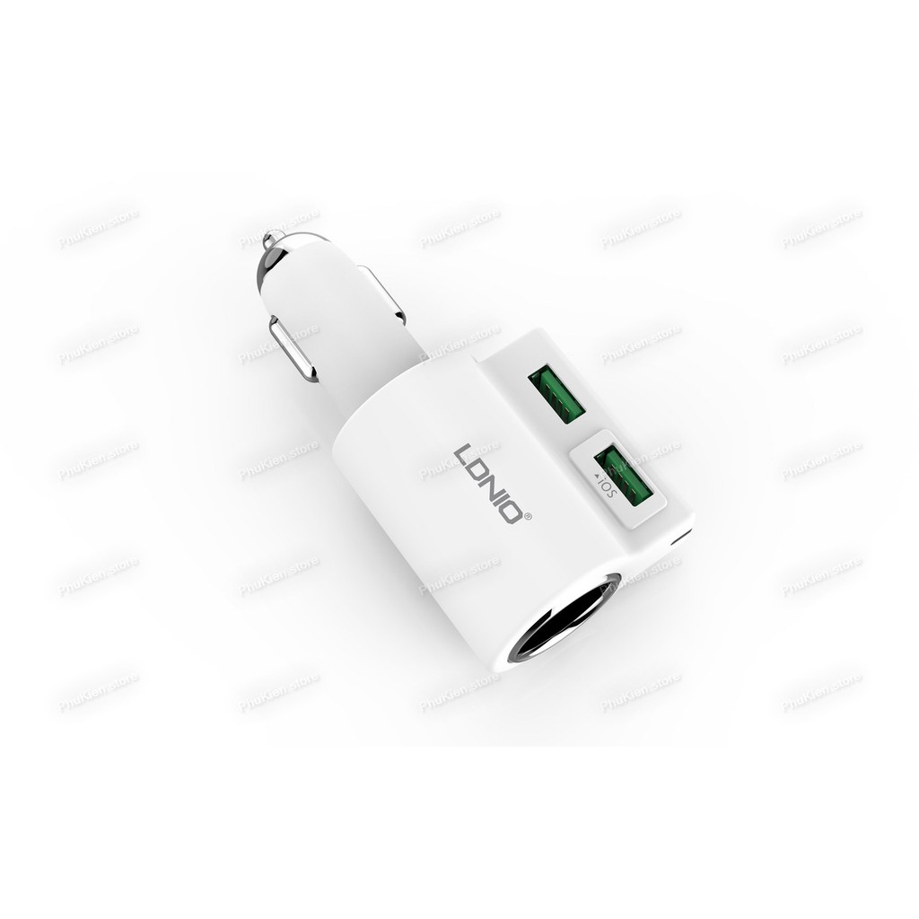 Cốc sạc cao cấp trên ô tô (car charger) có cổng Cigarette mở rộng có IC ổn dòngLDNIO CM10 Trắng 2 USB 21W