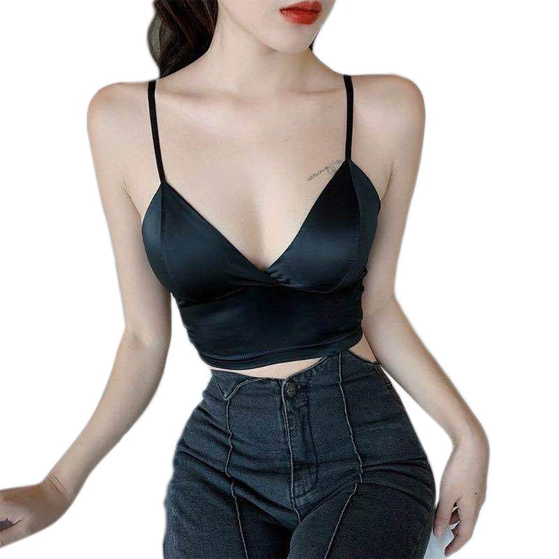 Áo Hai Dây Cổ Chữ V Màu Trơn Phong Cách Pháp Quyến Rũ Cho Nữ