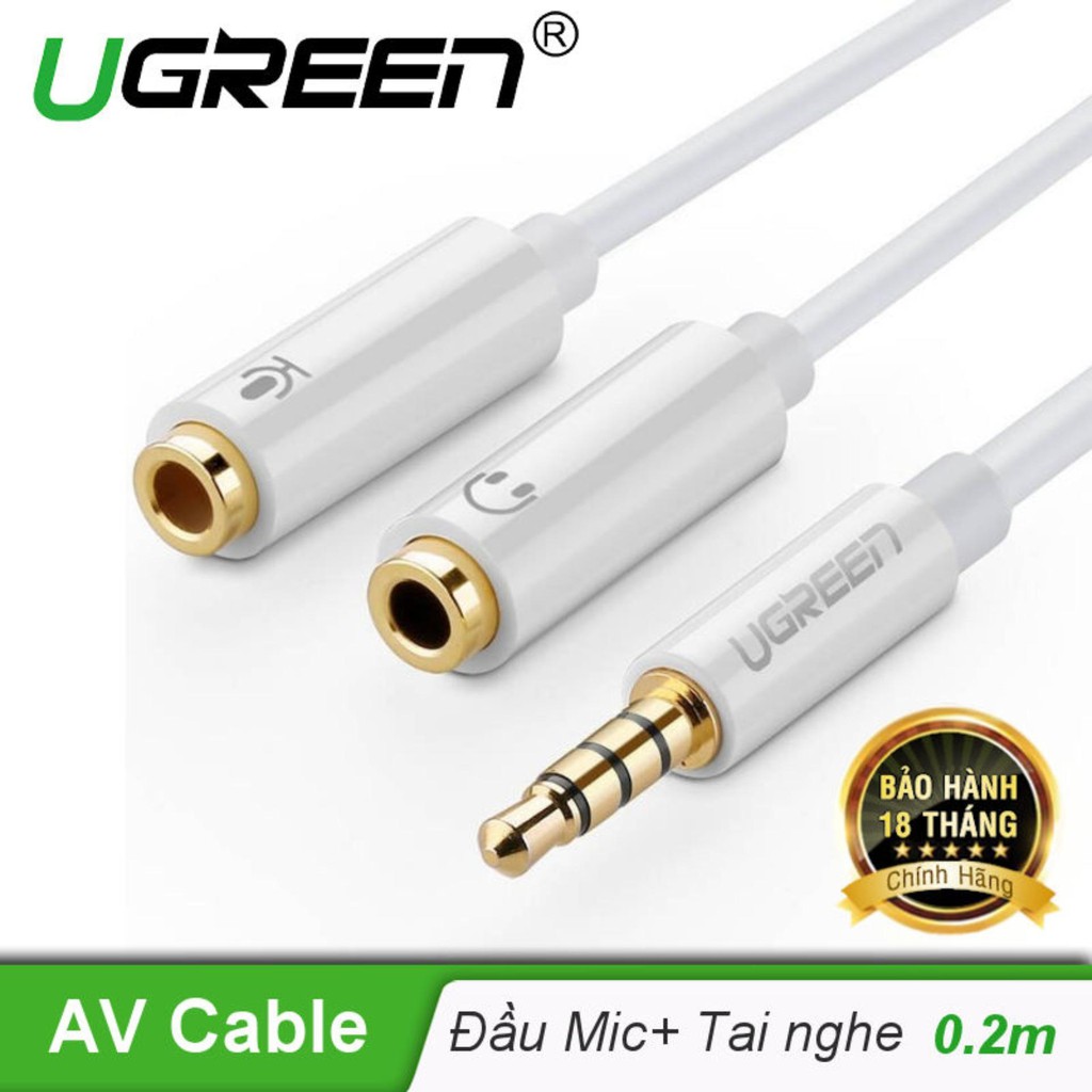 Dây chuyển đổi 3.5mm đực sang hai đầu 3.5mm cái vỏ nhôm hai đầu tách đôi (1 đầu MIC, 1 đầu tai nghe) UGREEN AV141