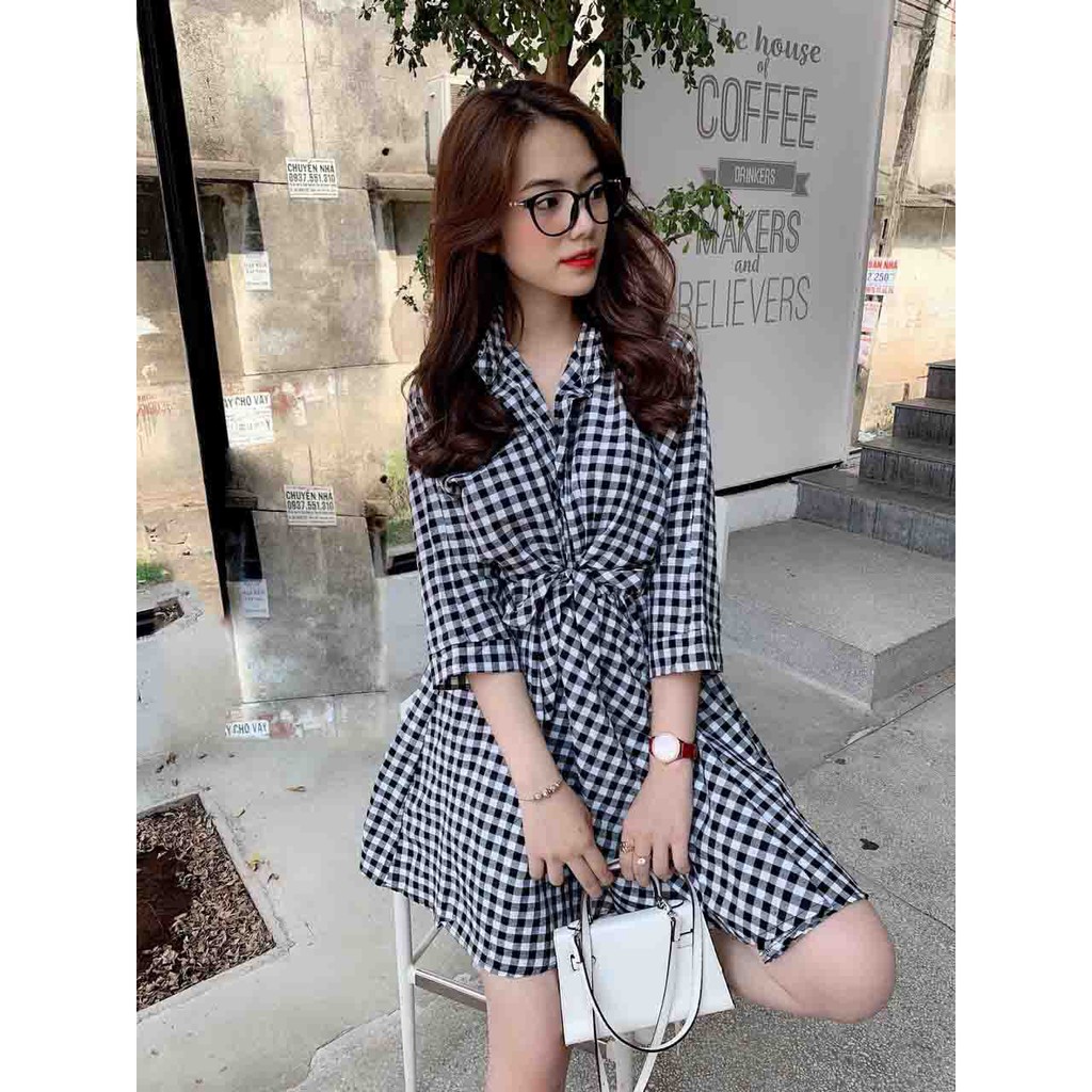 đầm sơ mi caro chéo eo xinh GB08071 mới nè