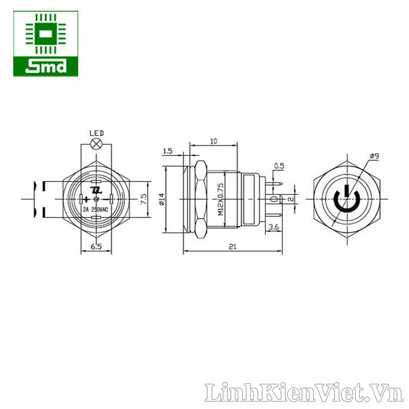 Nút nhấn nguồn chống nước 12mm 3V Xanh Dương