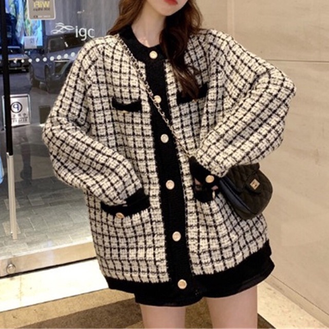 Áo cardigan len kẻ caro form to rộng trùm mông basic