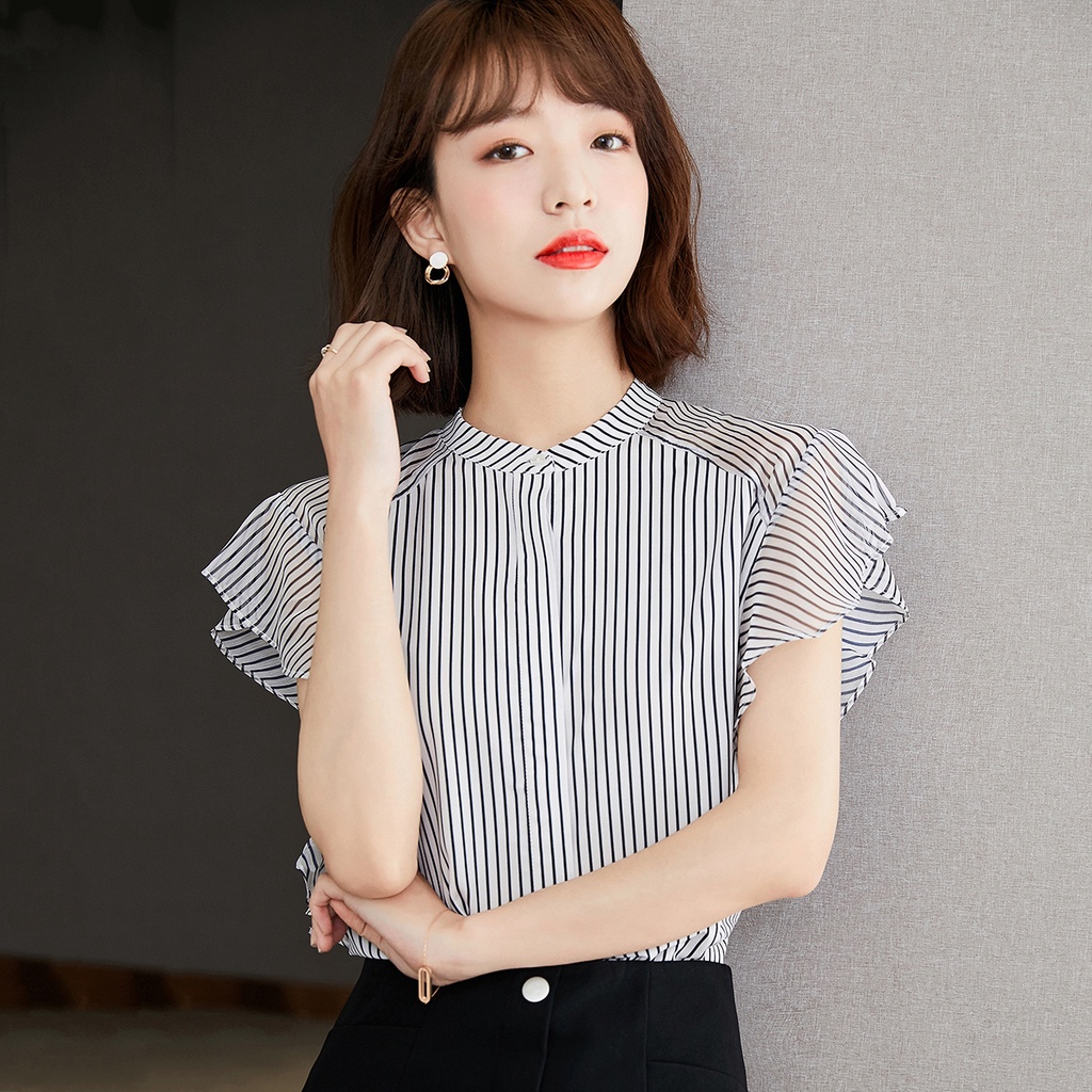 Áo Sơ Mi Tay Ngắn Chất Chiffon Hoạ Tiết Kẻ Sọc Cho Phái Nữ