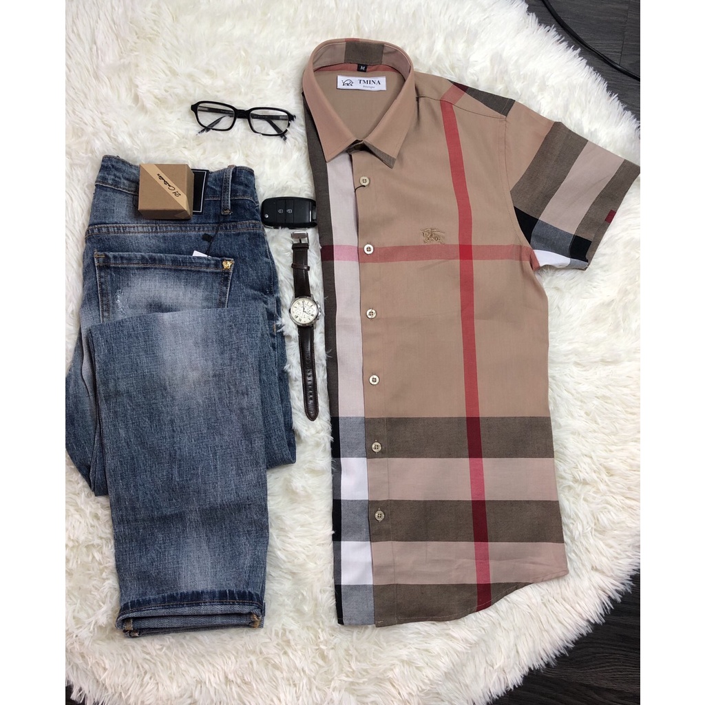 Áo sơ mi kẻ tay ngắn vải cotton , bbr cộc tay kẻ to thoáng mầu KEM