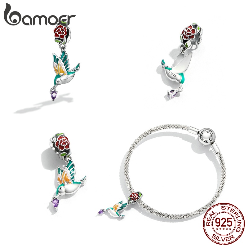 Hạt xỏ trang sức BAMOER SCC21915 bạc 925 thiết kế hoa và chim thời trang DIY