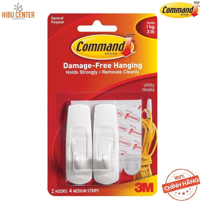 Móc Treo Kiểu Vuông 1kg Vỉ 2 Cái Command 3M 17001 – Siêu Dính, Bền Chắc, Dễ Dàng Tháo Gỡ - Hàng Chính Hãng