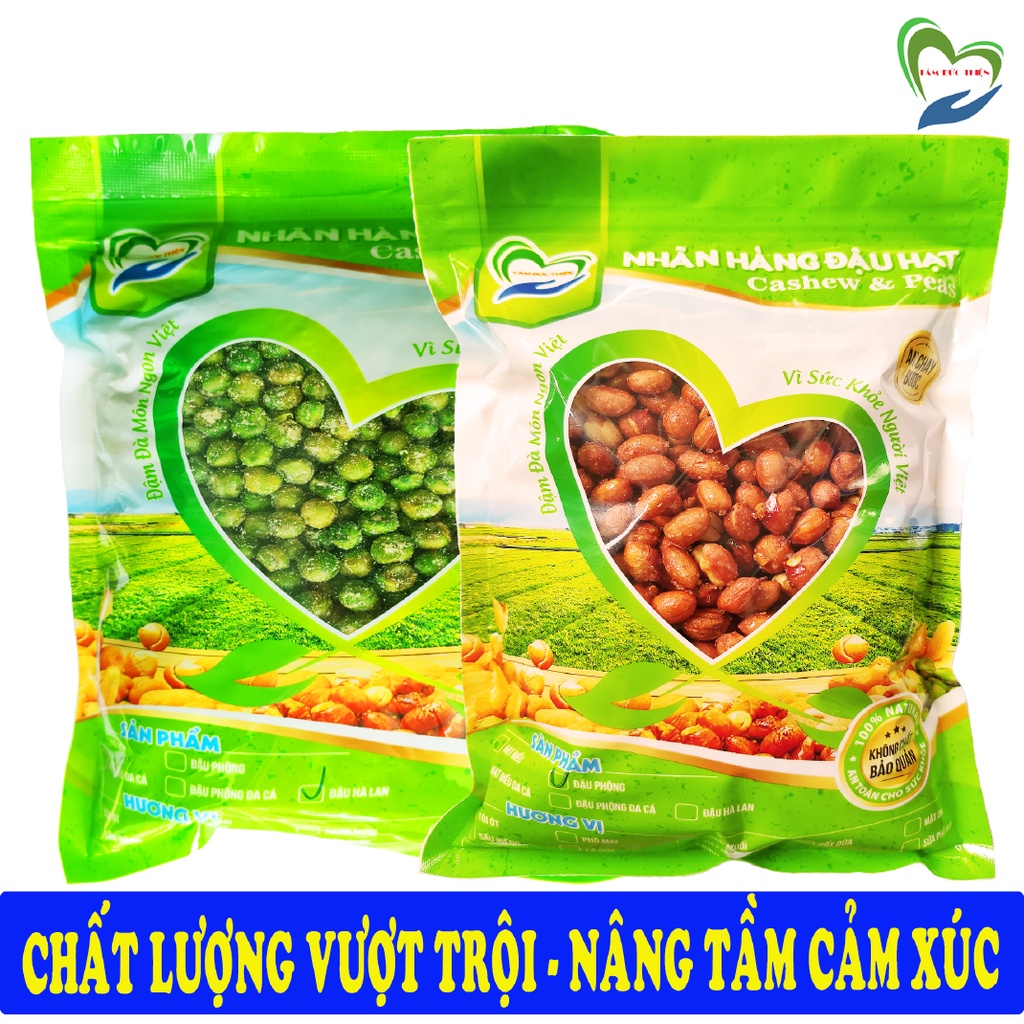 Combo 1KG: Đậu Phộng Rang Tỏi Ớt và Đậu Hà Lan Sấy Phô Mai Tâm Đức Thiện (2 x Túi 500GR)