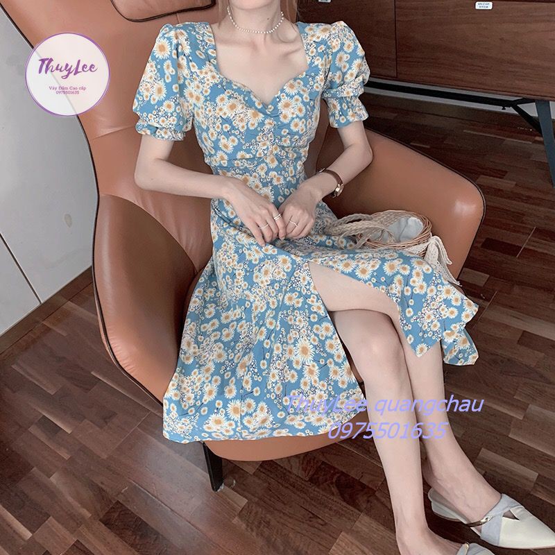 Đầm Tay Ngắn Cổ Vuông Họa Tiết Hoa Cúc Thời Trang Cao Cấp Xuất Hàn | BigBuy360 - bigbuy360.vn