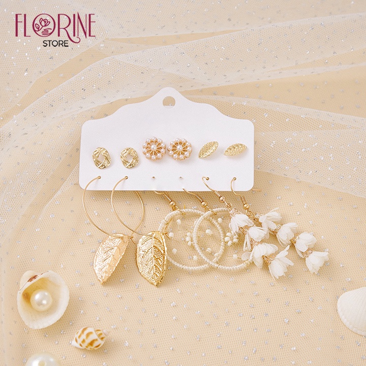Bông tai nữ Florine set 6 đôi hoa tai khuyên tai dáng dài, Boho, Vintage cá tính phong cách Hàn Quốc đi biển
