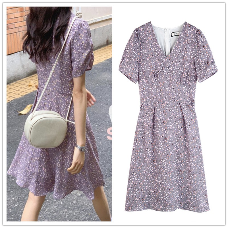 Korean Dress for Women Floral Dress V Neck Chiffon Dress Short Sleeve Dress Women Midi Dresses for Women Purple Dress Vintage Dress for Womens Summer Women Dress Retro Dress V Neck Dress Floral