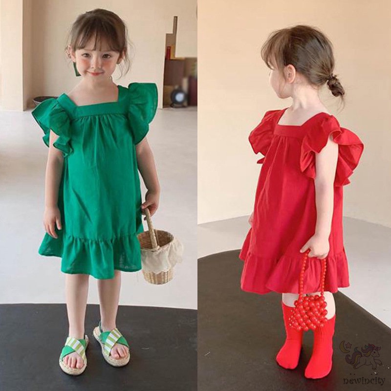 Đầm Công Chúa Tay Bèo Cổ Vuông Thắt Nơ Lưng Phong Cách Hàn Quốc Cho Bé Gái