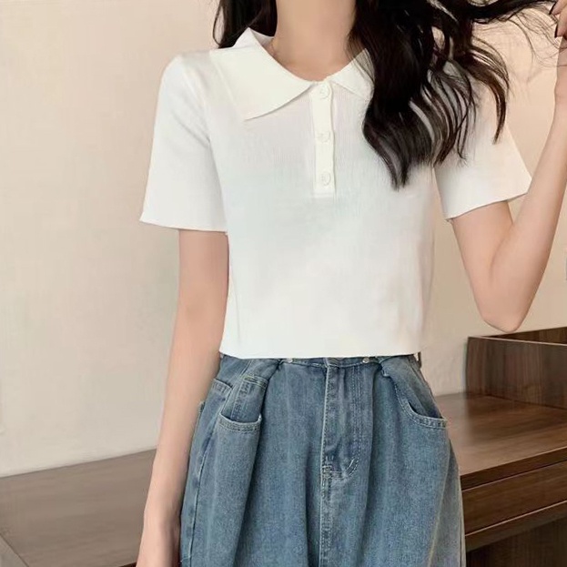 Áo polo NZN dệt kim ngắn tay phối cổ lật thời trang mùa hè cho nữ