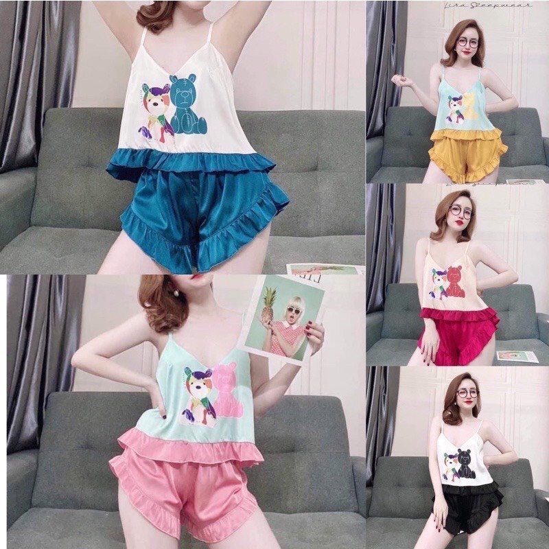 Set 2 Dây Bigsize❤️ Set Bộ 2 Dây Lụa Latin Mềm Mát Không Nhăn Phối Quần Sooc Bèo Hình Gấu Beer Siêu Xinh Size 50-95kg