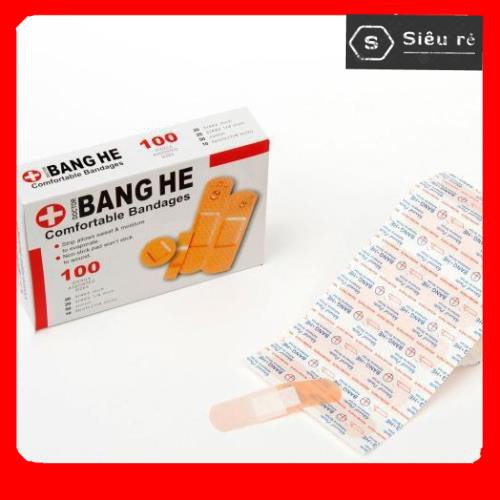 Băng dính cá nhân y tế Bang He, hộp 100 miếng, 4 kích thước bảo vệ các vết thương siêu tiện dụng (PD1825)