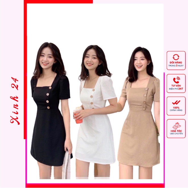 Đầm Nữ Cổ Vuông , Váy Cổ vuông Phối Nút Trẻ Trung đáng yêu