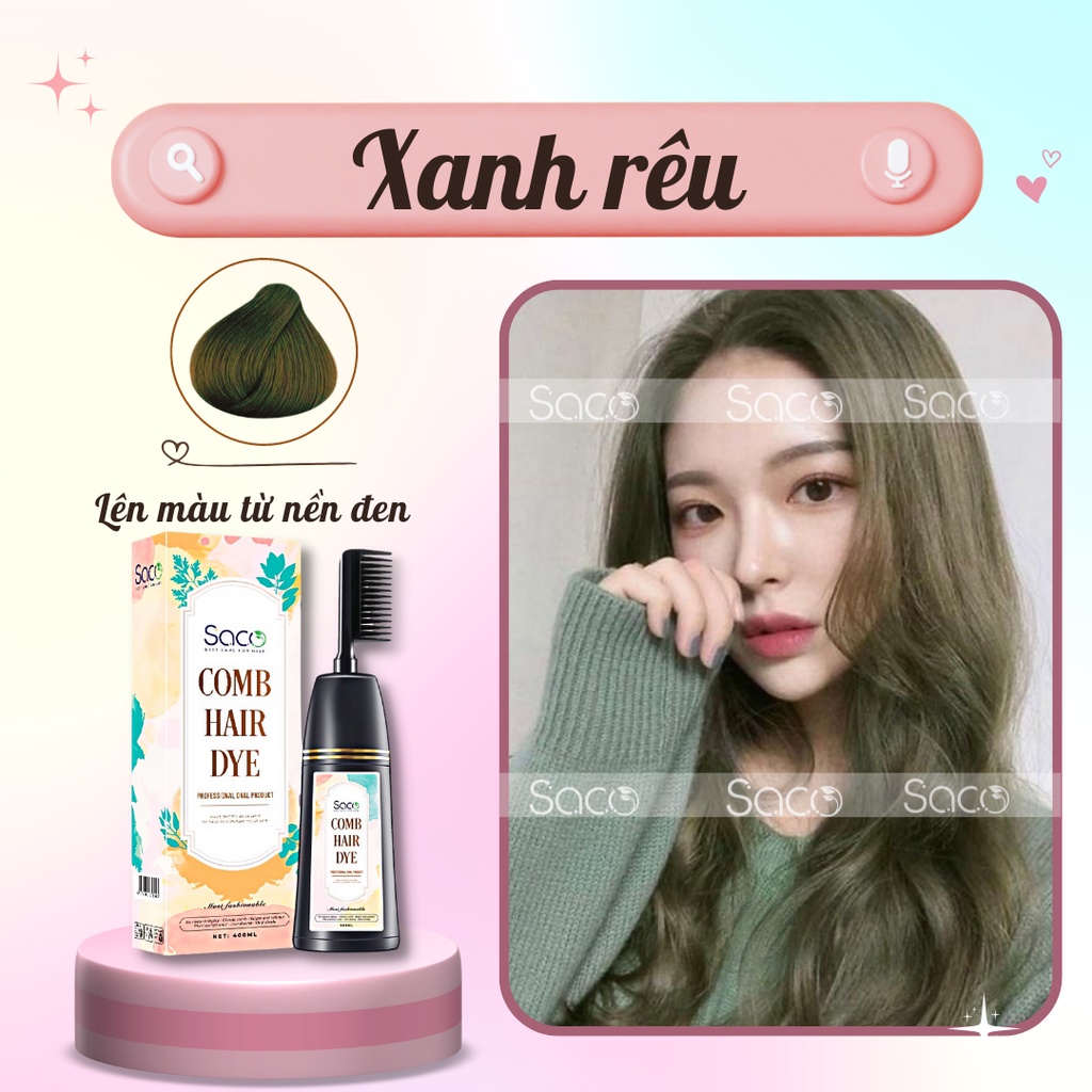 Lược nhuộm tóc thần thánh Saco màu Xanh Rêu lên màu từ nền đen, không cần tẩy hay nâng tone chai 400ml