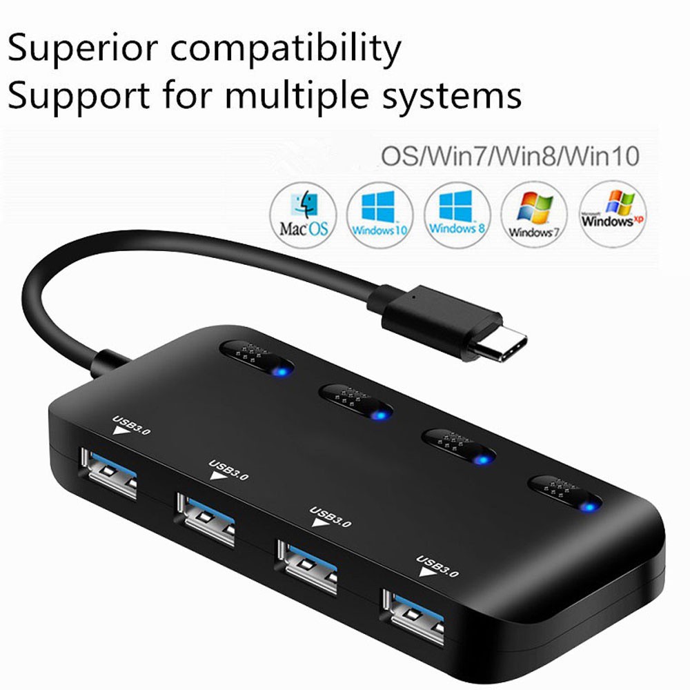 AUGUSTINA 4 Port Splitter USB 3.0 Computer Accessories USB Hubs External Distributor LED Light MultiPort Computer Peripherals Type C with Switch Hub Adapter/Multicolor