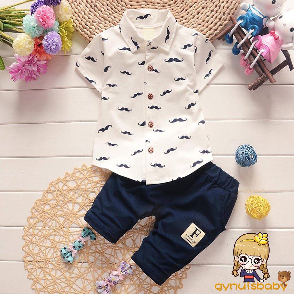 Bộ Áo Thun Cộc Tay In Hình Ria Mép + Quần Short 2 Dây Cho Bé Trai