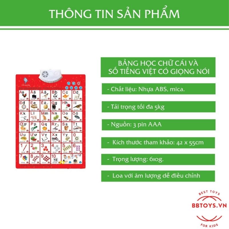 BẢNG HỌC CHỮ CÁI VÀ SỐ TIẾNG VIỆT CÓ ÂM THANH (TẶNG KÈM 3 PIN) (BBTOYS: 20)