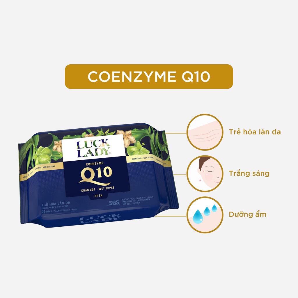 [MUA 3 TẶNG 1] Khăn ướt mềm mịn trẻ hoá làn da Luck Lady Q10 25 tờ/gói - Combo 3 gói tặng kèm 1 gói cùng loại