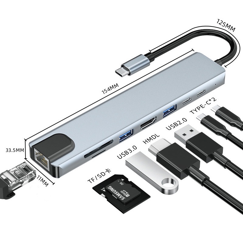 {HCM}Hub Type C 8in1 - Cổng chuyển đổi HUB USB Type-C to HDMI, USB 3.0, SD, TF, RJ45, PD Type-C cho Laptop Macbook