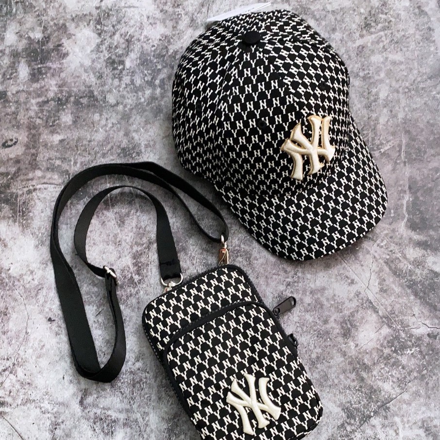 Mũ Nón MLB NY  Đen Monogram Baseball Cap Black Full Tag Code