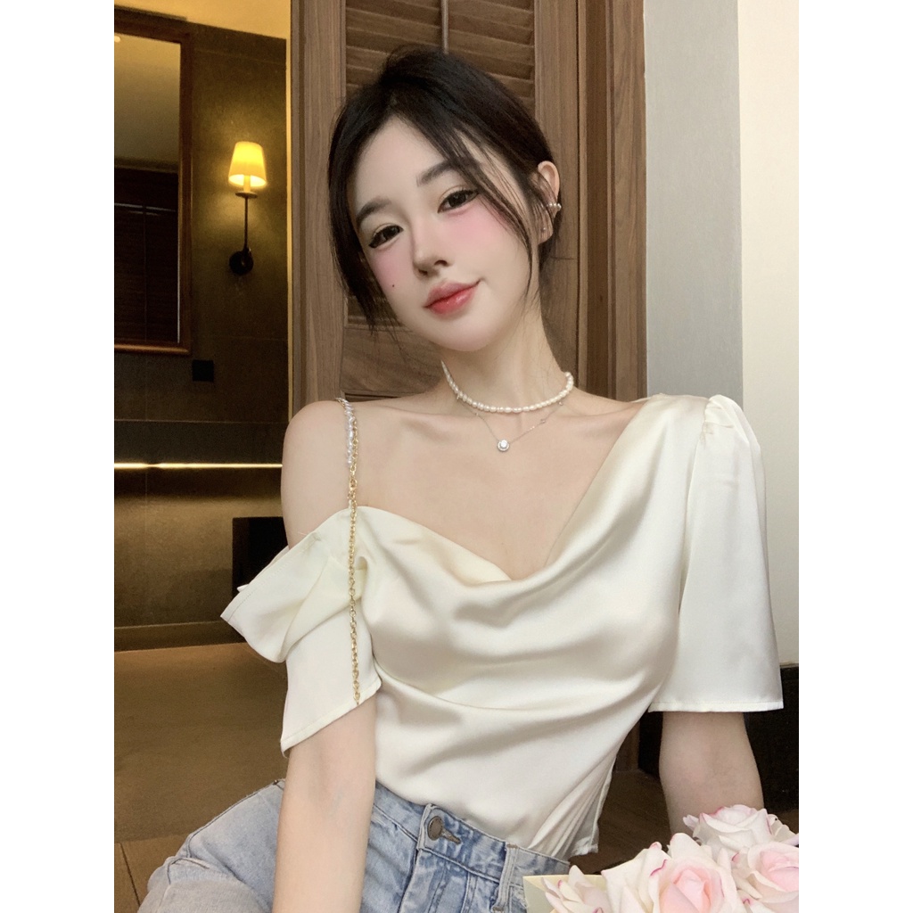 Áo Thun Trễ Vai Tay Ngắn Phối Dây Xích Thời Trang Mùa Hè Kiểu Mới