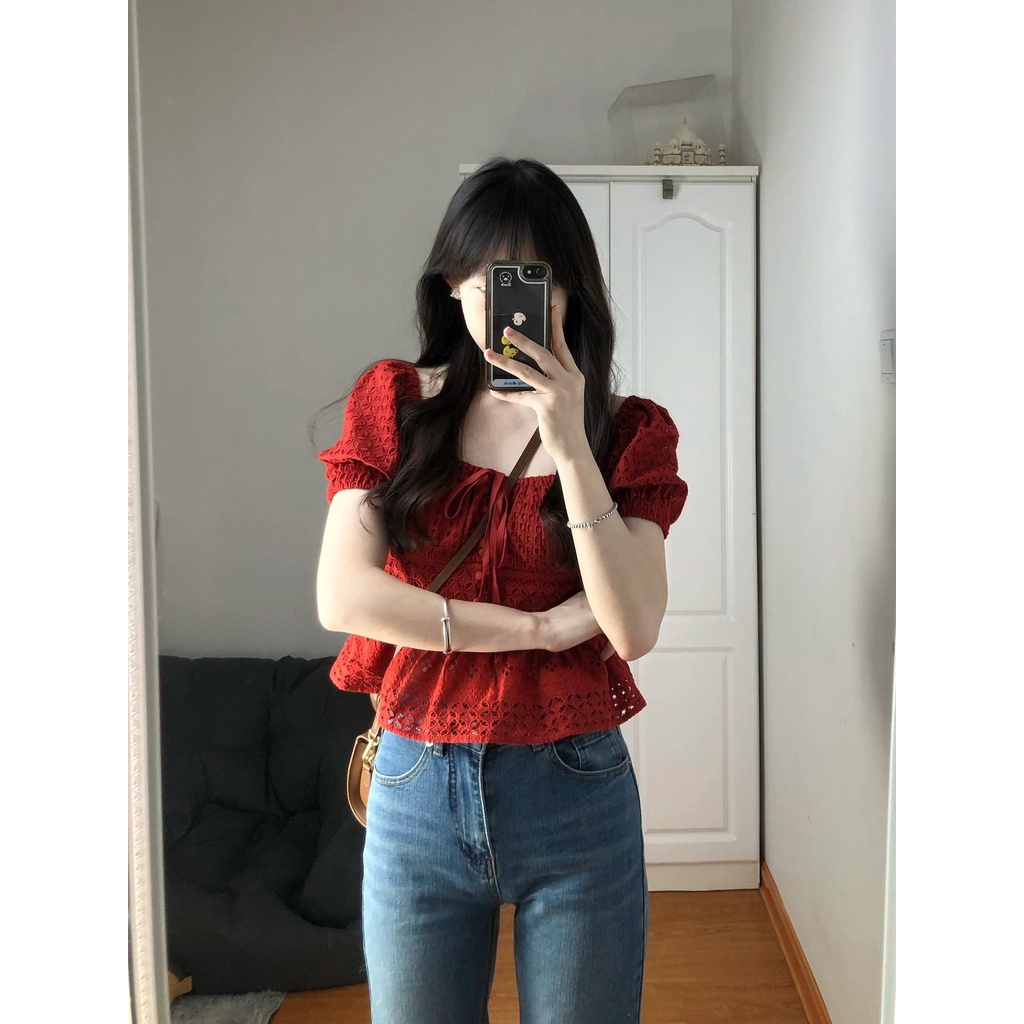 Xiaozhainv Áo Croptop Tay Ngắn Cổ Vuông Dáng Ôm Thêu Họa Tiết Thời Trang Quyến Rũ Cho Nữ