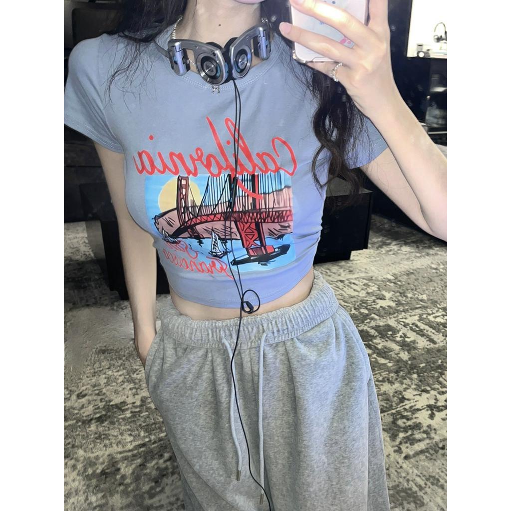 Áo Thun Cổ Tròn Dáng Ôm Ngắn In Họa Tiết Kiểu Retro Cá Tính 64016