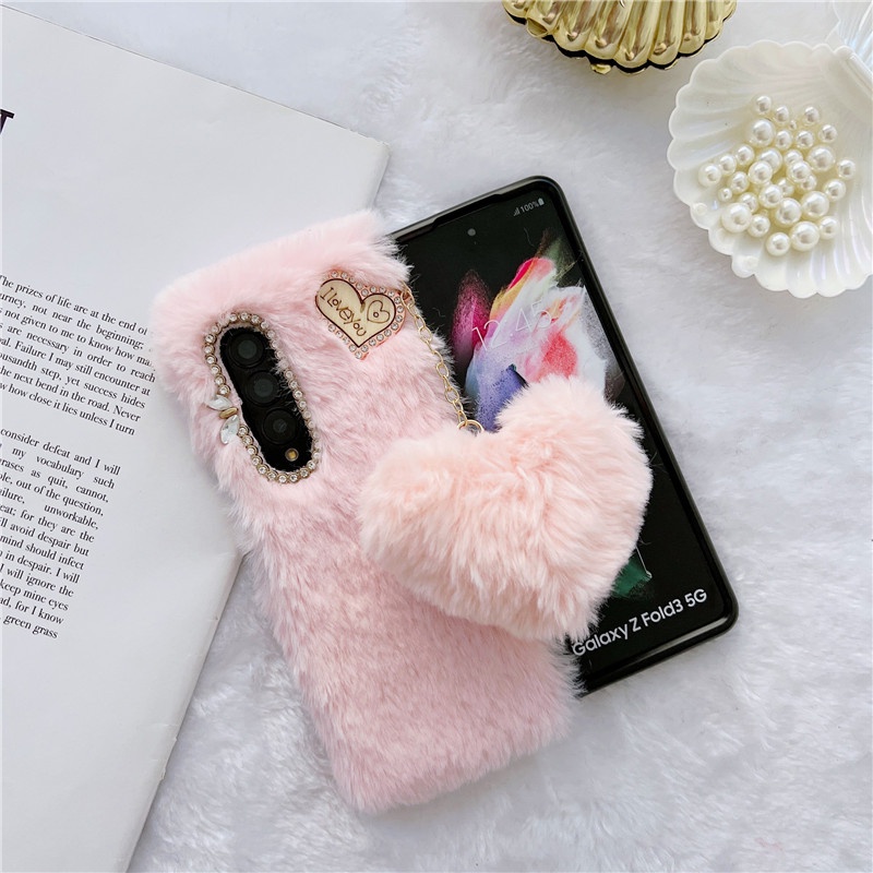 Ốp Điện Thoại Lông Thỏ Mềm Gấp Gọn Phối Mặt Trái Tim Dễ Thương Dành Cho Samsung Galaxy Z FOLD 3 4 5G