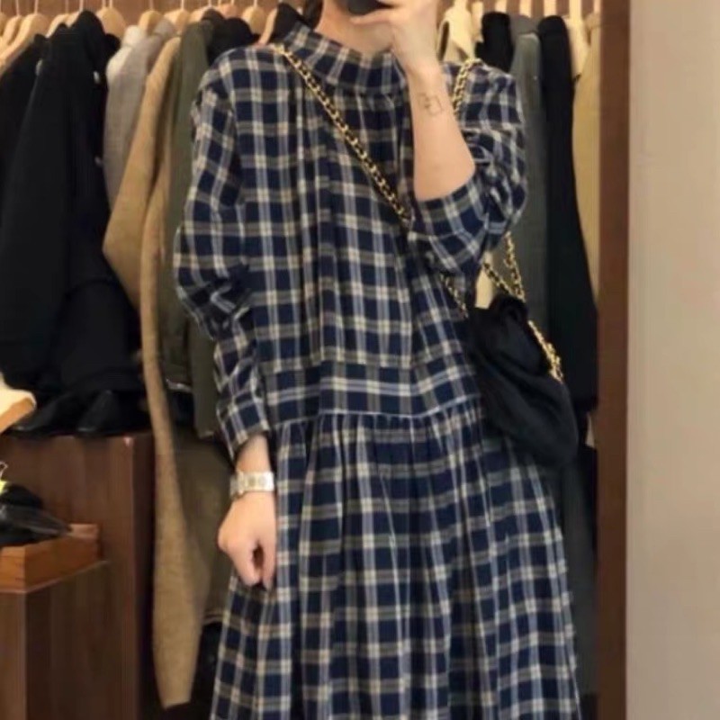 Order | Đầm caro dài tay dáng dài xếp ly