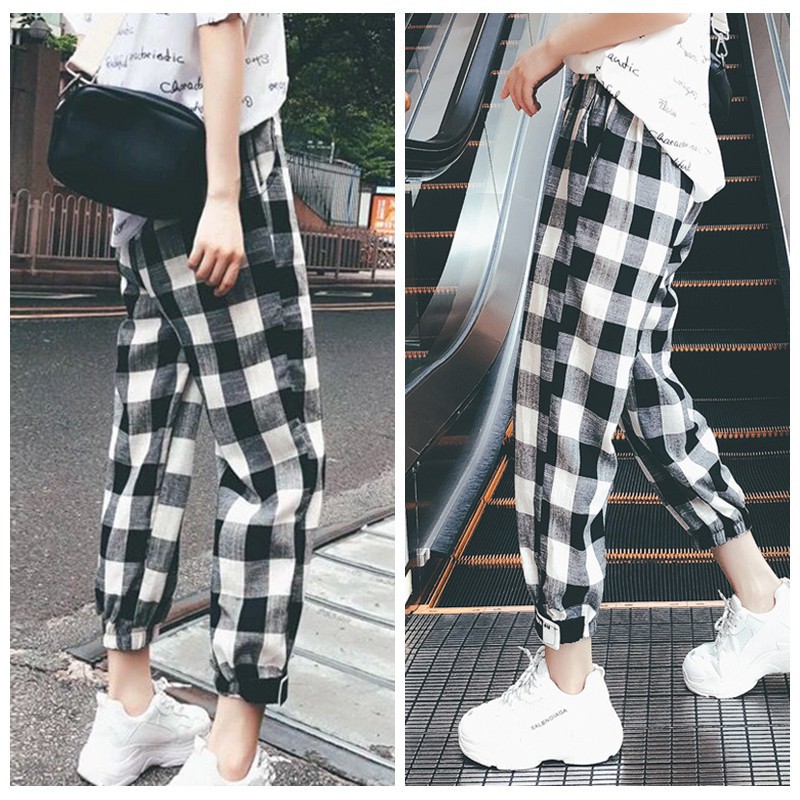 Quần sọc ca-rô lưng thun dáng rộng thời trang cho nữ | BigBuy360 - bigbuy360.vn