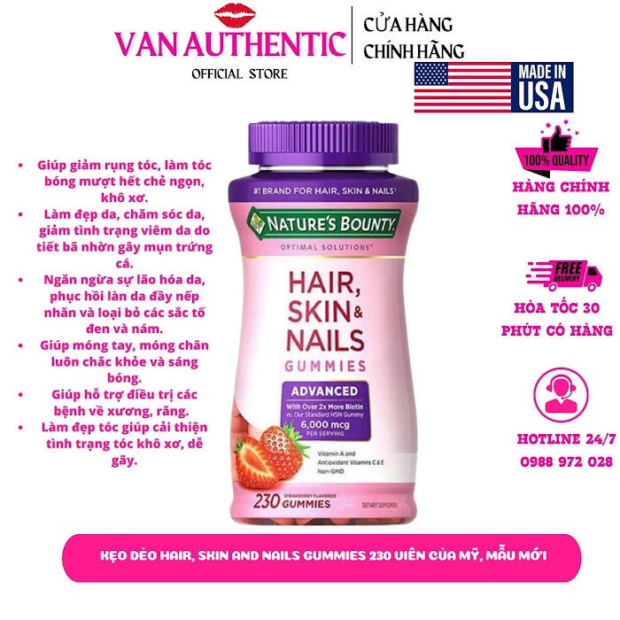 Thực phẩm chức năng Kẹo dẻo Hair, Skin and Nails Gummies 230 viên của Mỹ, mẫu mới