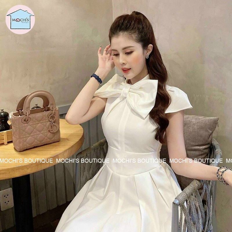 Váy hè nữ dáng dài, mẫu váy đầm maxi cổ nơ dài qua gối dáng xòe nữ tính, tay ngắn đẹp - m054 | BigBuy360 - bigbuy360.vn