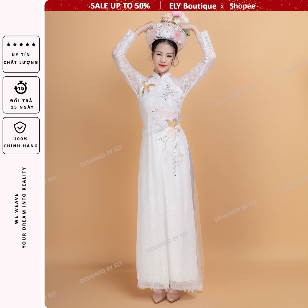Áo dài cưới ELY Boutique 3 lớp 6 tà áo dài trắng kết hạt họa tiết cách điệu ELR11