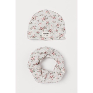 Set khăn mũ cotton hoa xám H&M Auth