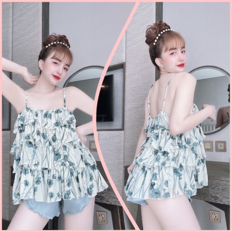 👉👉Sét đồ ngủ 2 dây 4 tầng hoa quần satin dễ thương freesize 65kg