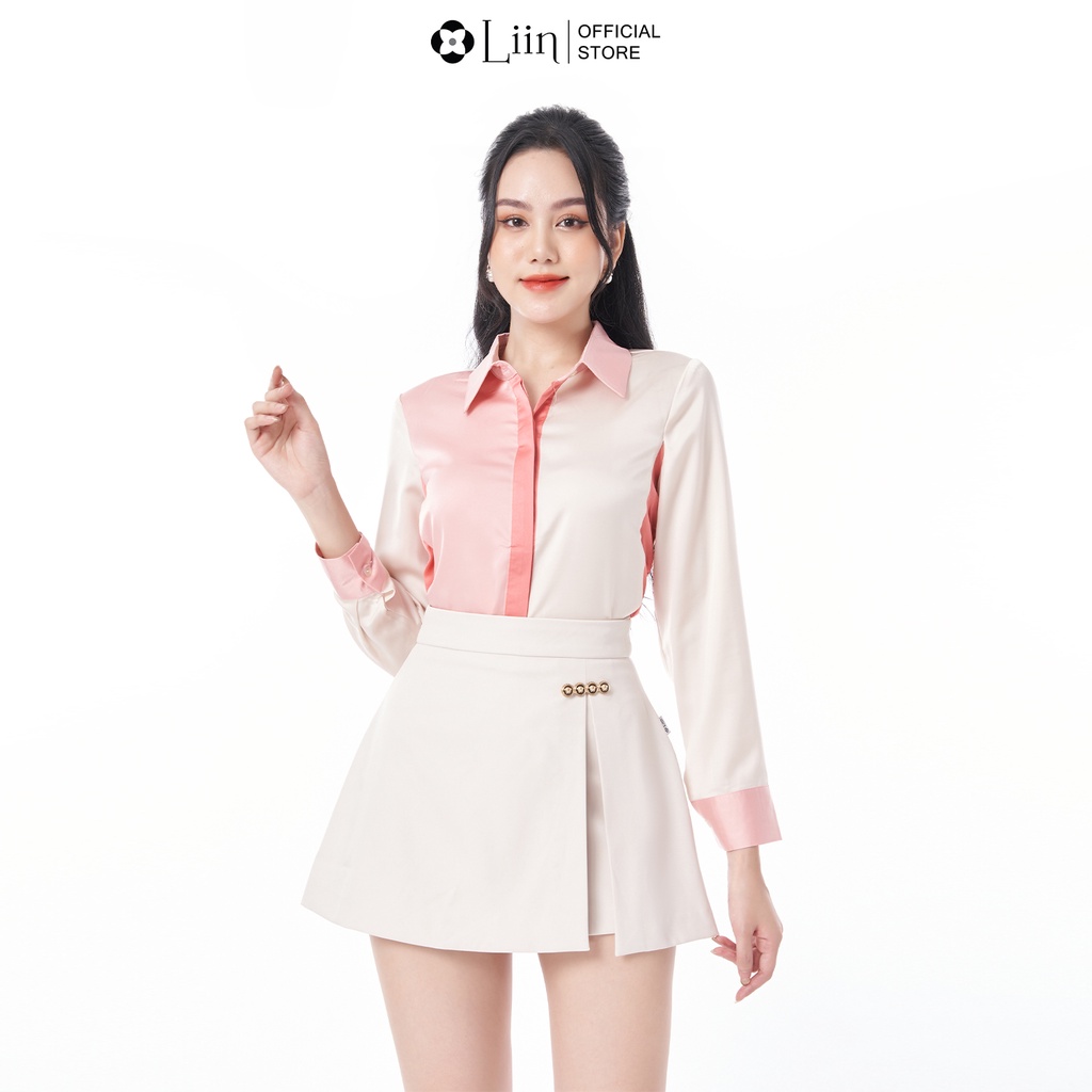 Áo sơ mi linbi dài tay chất vải lụa hồng mix form công sở thanh lịch, thời thượng liin clothing SM3751