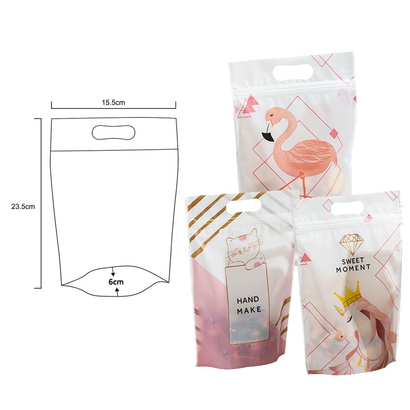 Set 50 Túi Đựng Bánh Kẹo Bằng Nhựa Có Khóa Kéo In Hình Chim Hồng Hạc/ Mèo/ Ngựa Một Sừng Dễ Thương