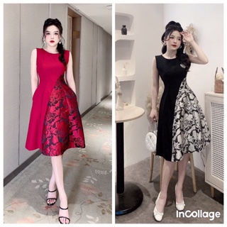 Đầm xoè phối gấm có túi, đầm dự tiệc siêu sang tặng kèm hoa tai thời trang