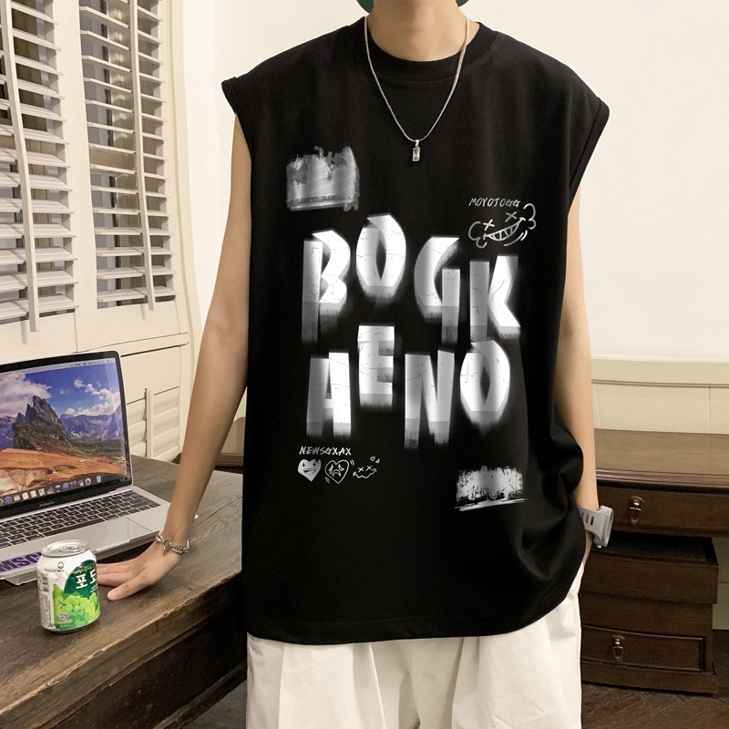 Áo thun cotton IFNICEFUTURE sát nách dáng suông in họa tiết thời trang phong cách Hồng Kông cho nam