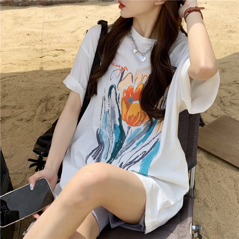 Áo thun dáng rộng tay ngắn phong cách retro thời trang hè cho nữ