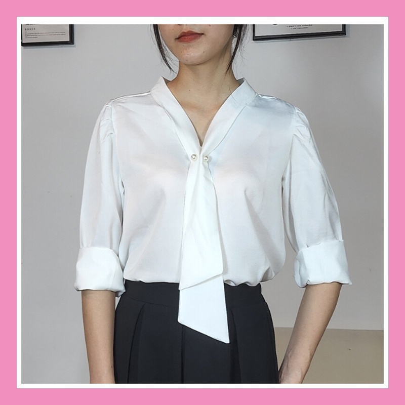 Áo sơ mi công sở nữ lụa trắng đẹp form rộng cổ V dây nơ gài ngọc kiểu sang trọng có BIGSIZE đi làm đi chơi đi học ASM04