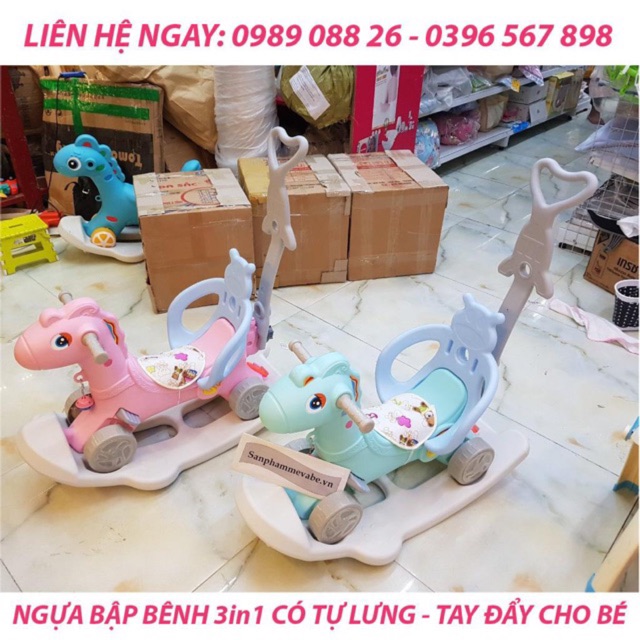 Ngựa bập bênh chòi chân 3 in 1 có tay đẩy sau , bánh xe phát sáng, có tựa để tay cho bé - Mẫu mới Shopee