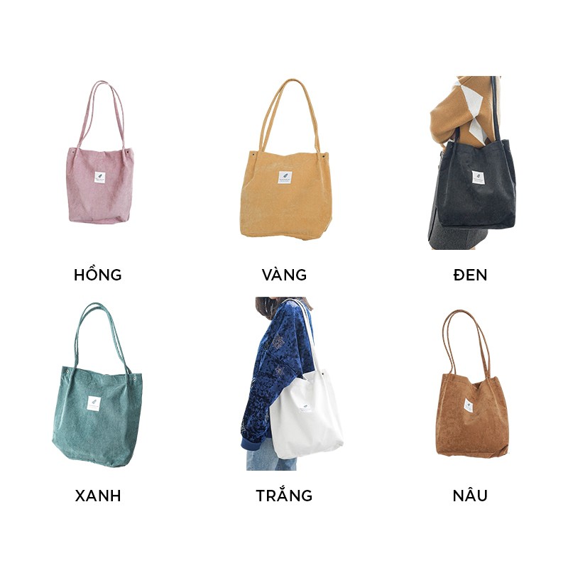 Túi vải canvas Nữ Unisex size to chất nhung sọc thời trang cao cấp đeo vai giá rẻ Herbagstore HB14 đủ màu đa dạng