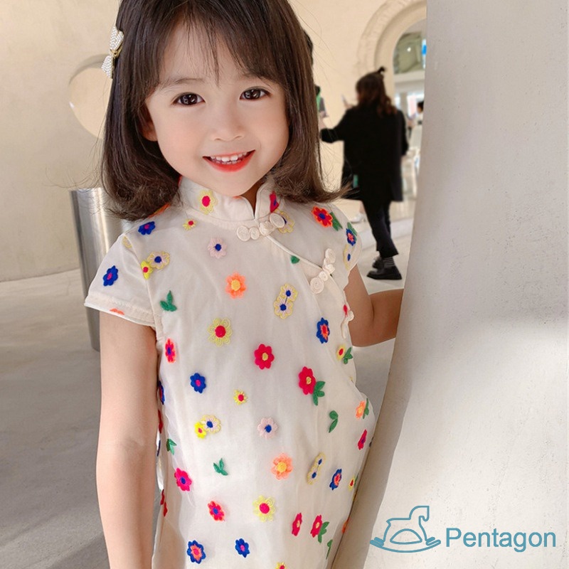 Đầm Công Chúa Sườn Xám Phối Lưới Nhiều Màu Dễ Thương Phong Cách Trung Hoa Cho Bé Gái