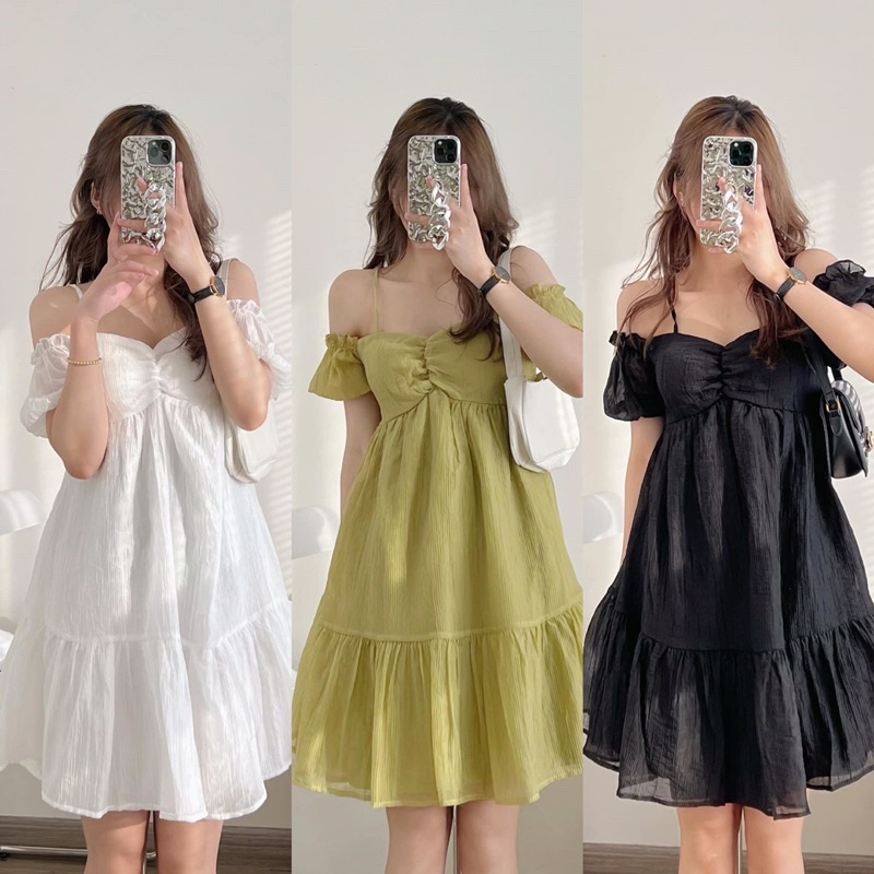 Váy đầm hai dây tay bồng trễ vai nhún ngực xoè tầng (chun lưng)-Đầm babydoll trễ vai tiểu thư Ullzang