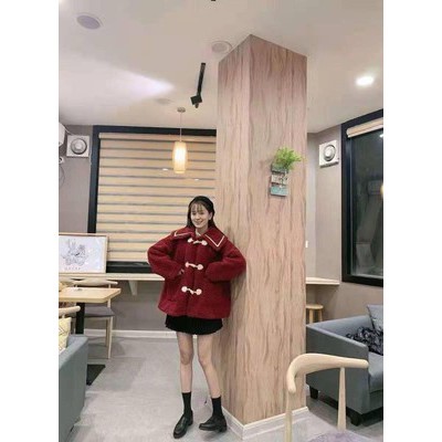 Ảnh thật 4 hình cuối-2WKD.Áo khoác đỏ giả lông cừu khuy sừng thời trang Ulzzang