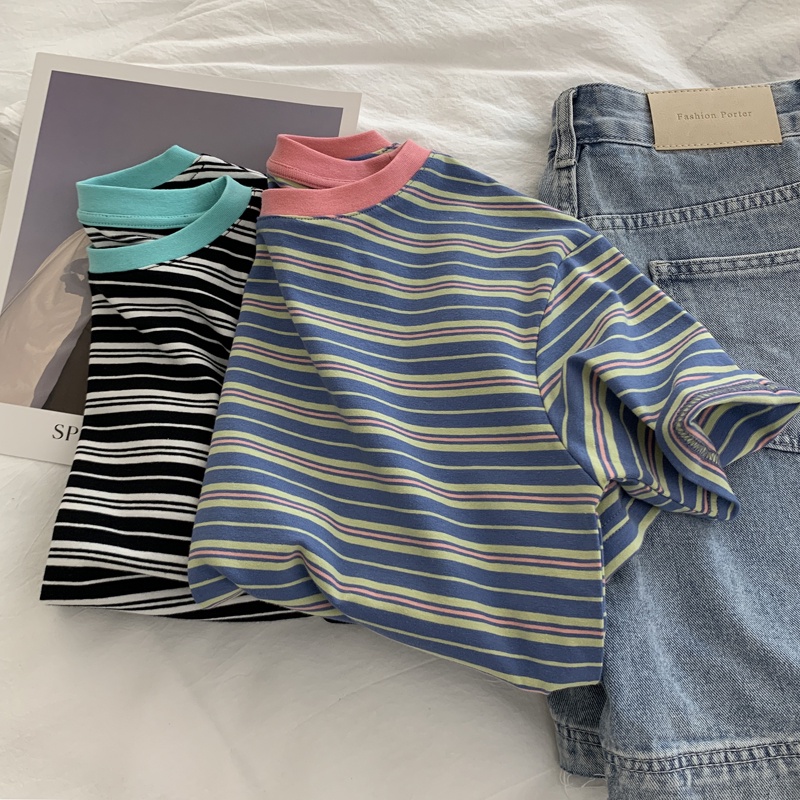 SUXI Áo Thun Ngắn Tay Cổ Tròn Họa Tiết Kẻ Sọc Đơn Giản Thời Trang Mùa Hè Dành Cho Nữ