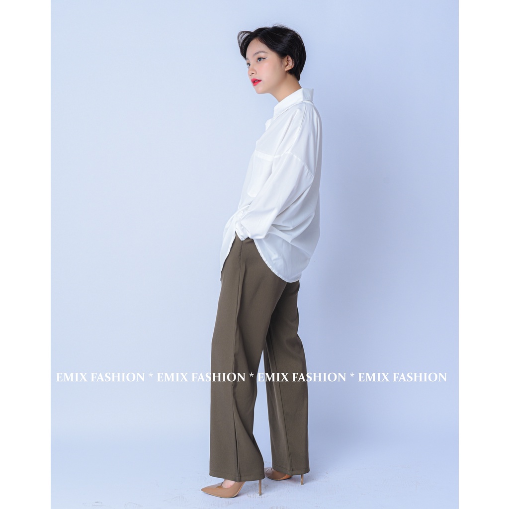 Áo sơ mi nữ EMIX (màu trắng), basic, dáng dài, form rộng, dài tay, cổ V, chất trượt mềm không nhăn A235